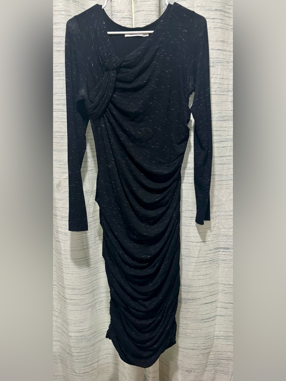Bailey 44 Black Long Sleeve Draped Midi Dress with Metallic Thread